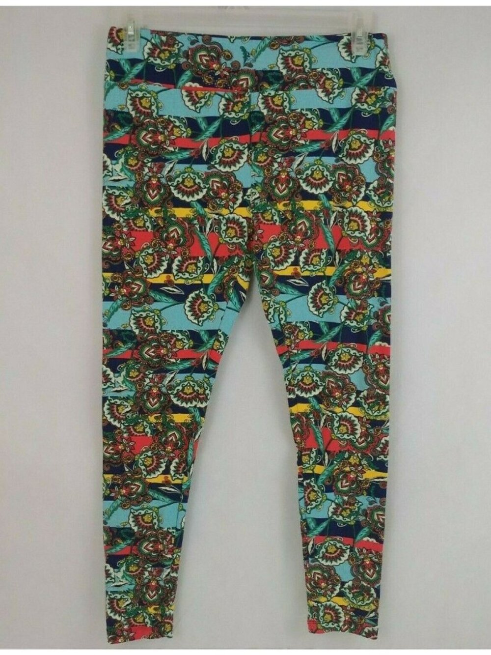 Lularoe Tall & Curvy Leggings Blue, Lt Blue, Yellow, & Red Striped Floral Design
